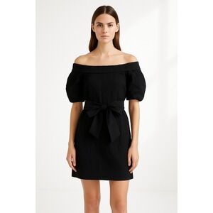 Thakoon Off-Shoulder Puff Sleeve Tie-Waist Dress Textured Black Silk Size‎ 8